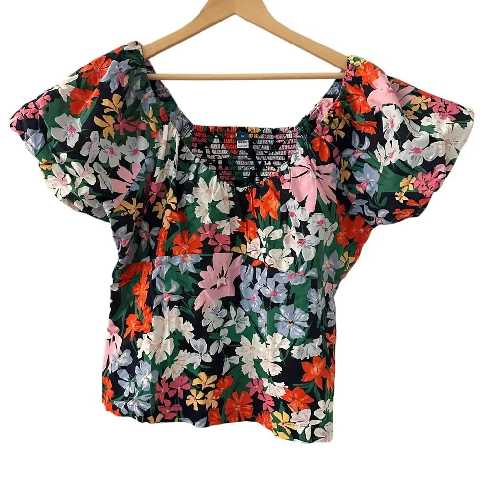 Old Navy Cotton Floral V-Neck Halter Top with Ruching and Puff Sleeves‎ Size XL